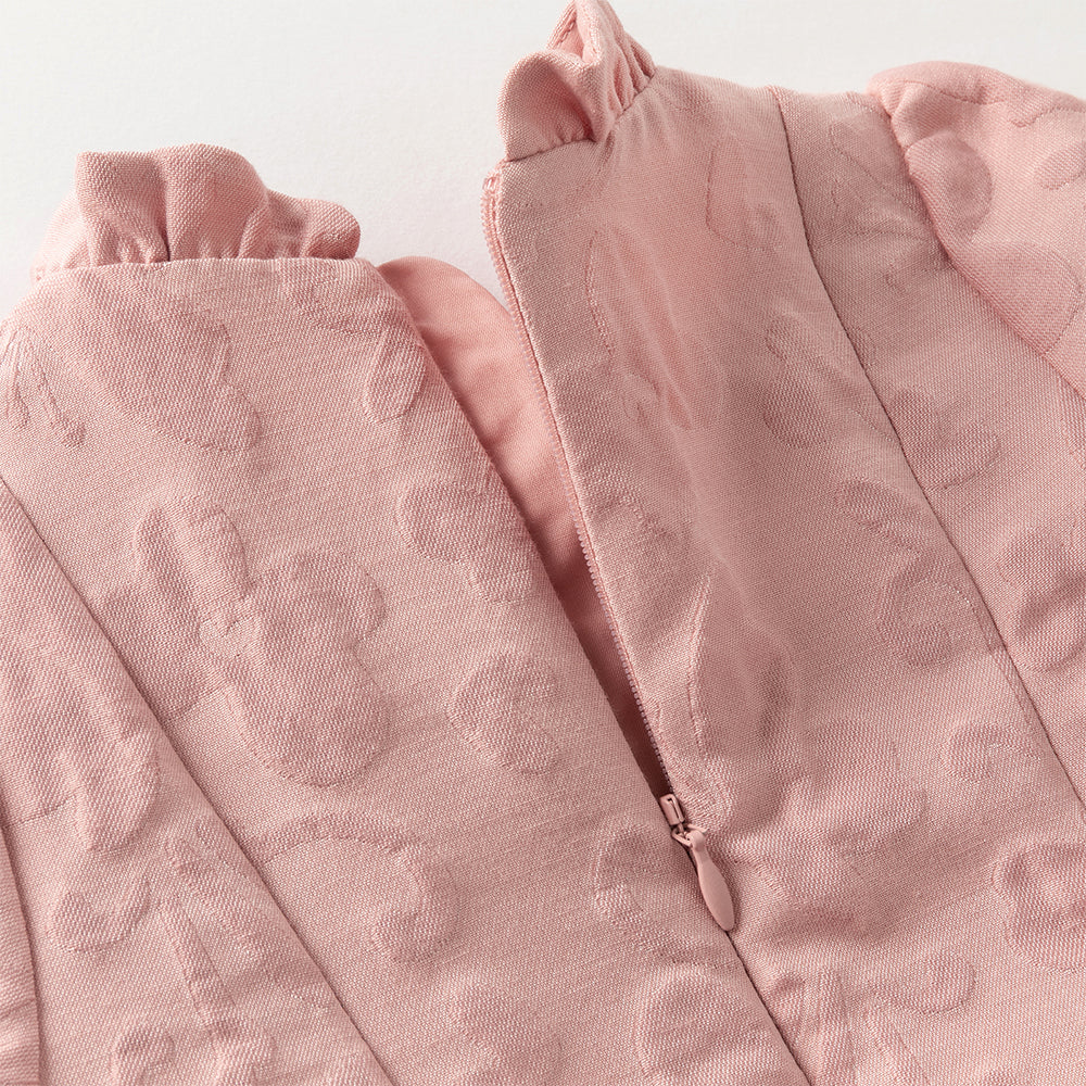 فستان بنات بأكمام طويلة من التول وردي مطاطي تصميم أميري مع تنورة شبكية