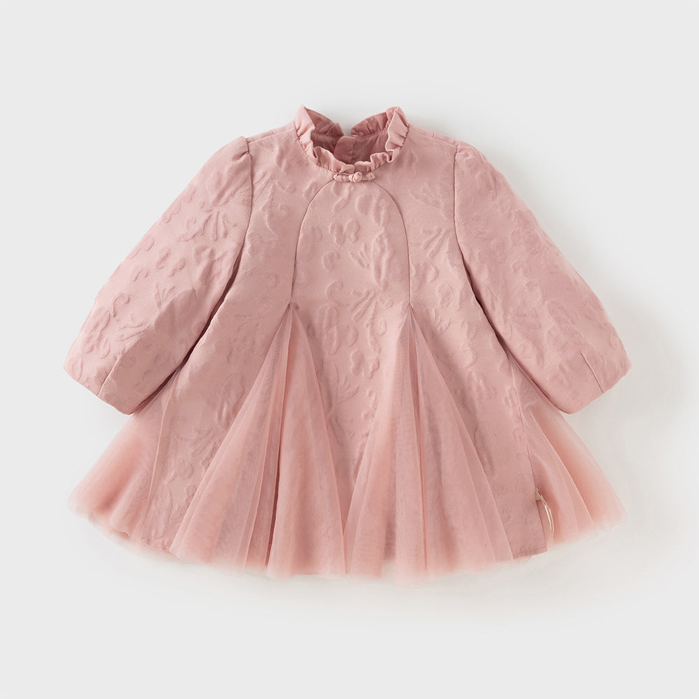 فستان بنات بأكمام طويلة من التول وردي مطاطي تصميم أميري مع تنورة شبكية