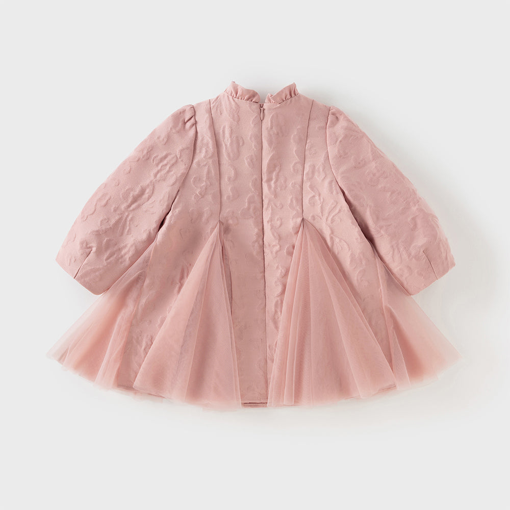 فستان بنات بأكمام طويلة من التول وردي مطاطي تصميم أميري مع تنورة شبكية