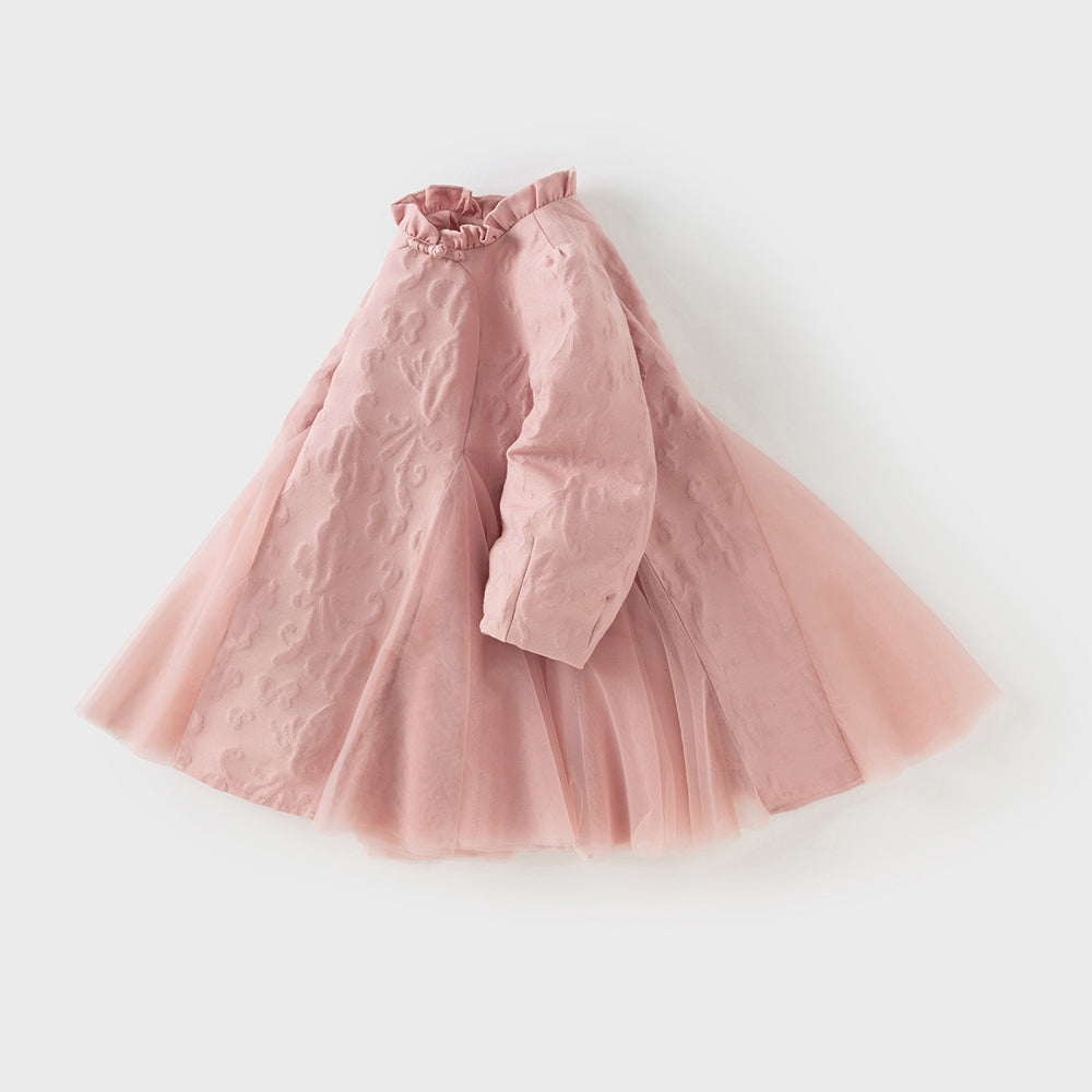 فستان بنات بأكمام طويلة من التول وردي مطاطي تصميم أميري مع تنورة شبكية