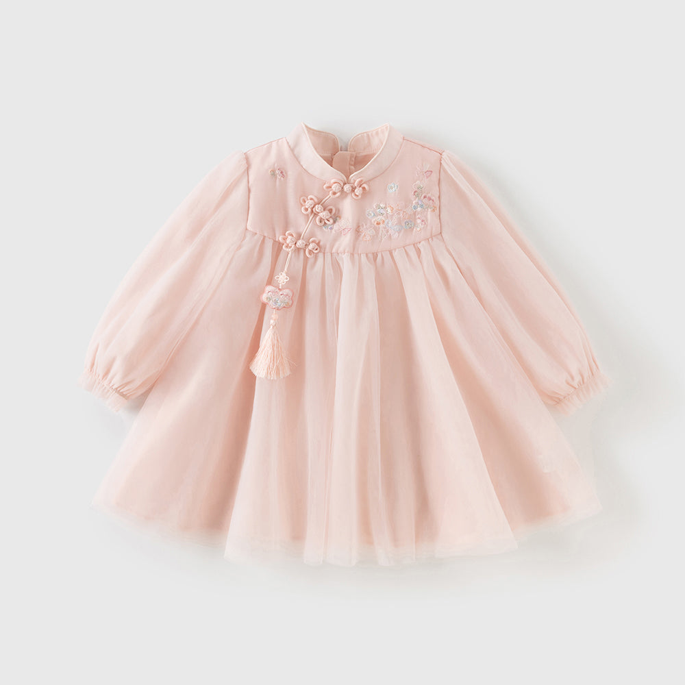 فستان بنات طويل الأكمام من التول باللون الوردي بأسلوب صيني عصري (يشمل زينة تدلي من الخيوط الصينية)