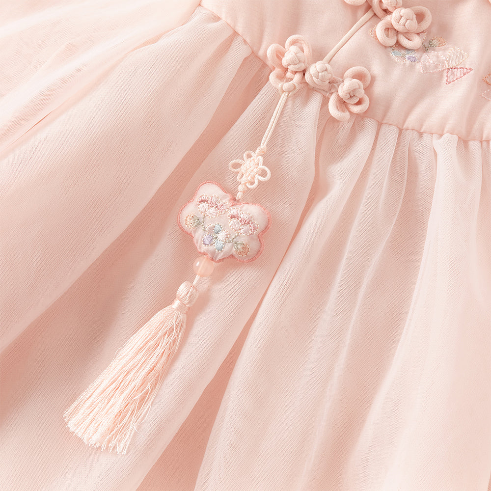 فستان بنات طويل الأكمام من التول باللون الوردي بأسلوب صيني عصري (يشمل زينة تدلي من الخيوط الصينية)