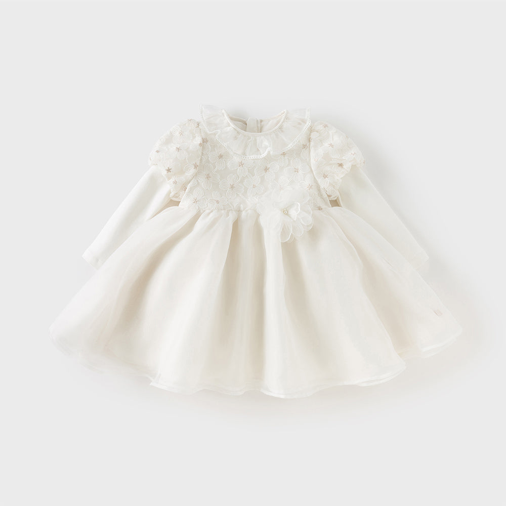فستان أميرة للبنات الصغيرات بأكمام طويلة من التول الأبيض بتصميم فاخر مزين بزهرات ثلاثية الأبعاد قابلة للإزالة