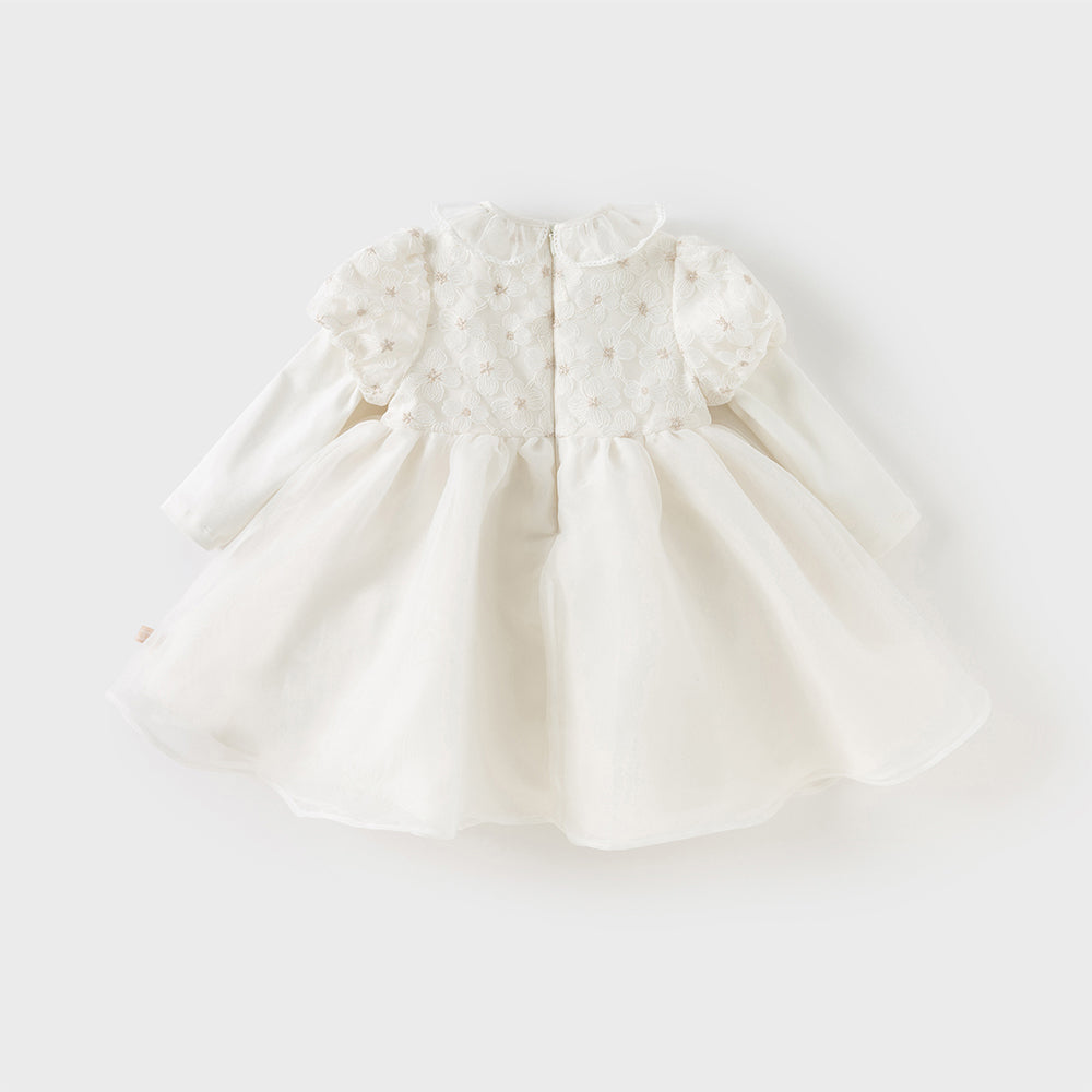 فستان أميرة للبنات الصغيرات بأكمام طويلة من التول الأبيض بتصميم فاخر مزين بزهرات ثلاثية الأبعاد قابلة للإزالة