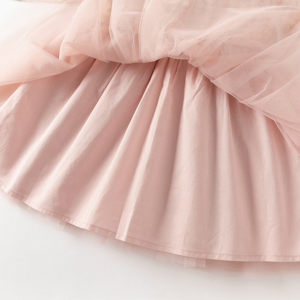 فستان للأطفال بأكمام طويلة من تريكو بنقشة هوندستوث وردية مع تنورة من التول، بتصميم كلاسيكي أنيق