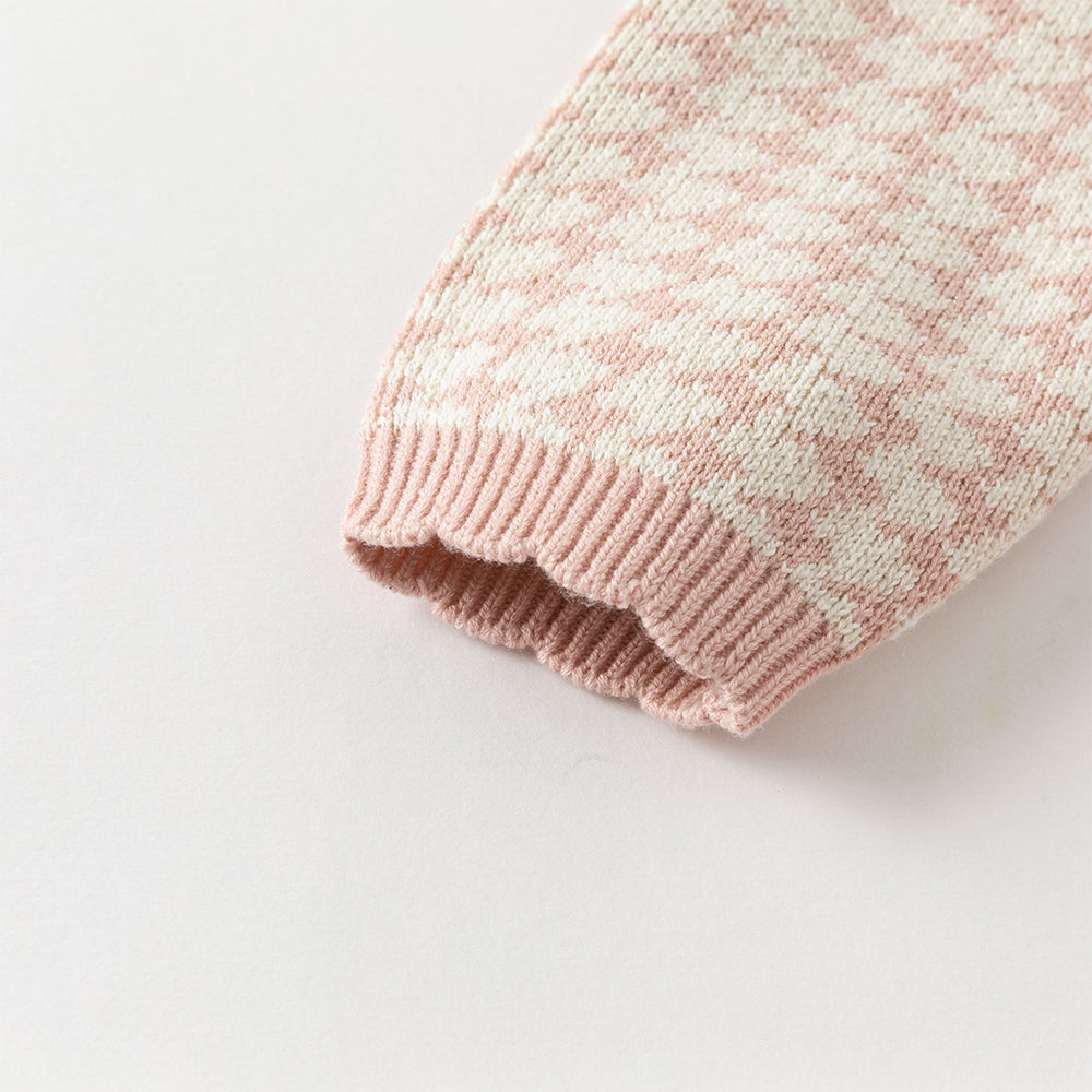 فستان للأطفال بأكمام طويلة من تريكو بنقشة هوندستوث وردية مع تنورة من التول، بتصميم كلاسيكي أنيق