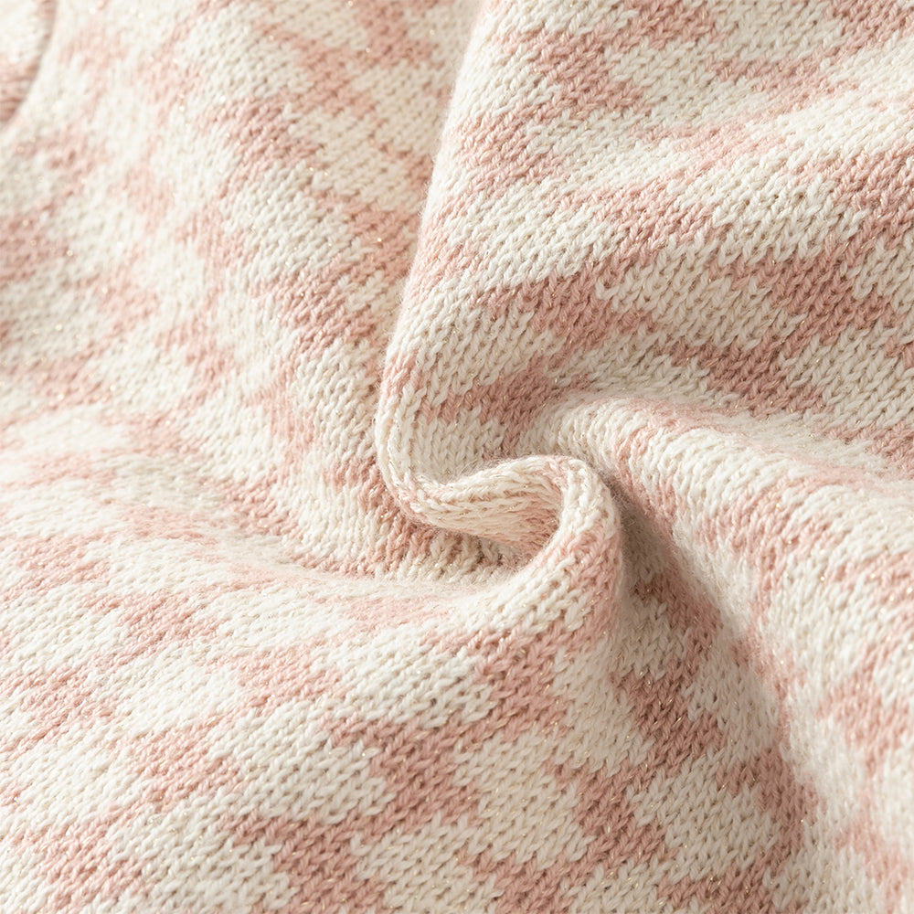 فستان للأطفال بأكمام طويلة من تريكو بنقشة هوندستوث وردية مع تنورة من التول، بتصميم كلاسيكي أنيق