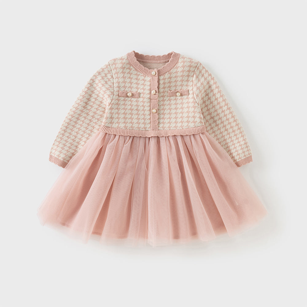 فستان للأطفال بأكمام طويلة من تريكو بنقشة هوندستوث وردية مع تنورة من التول، بتصميم كلاسيكي أنيق