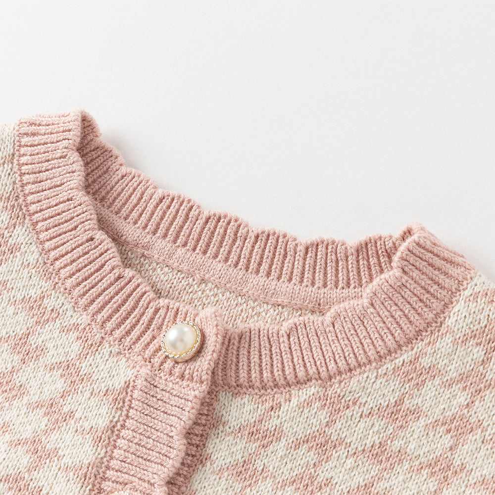 فستان للأطفال بأكمام طويلة من تريكو بنقشة هوندستوث وردية مع تنورة من التول، بتصميم كلاسيكي أنيق