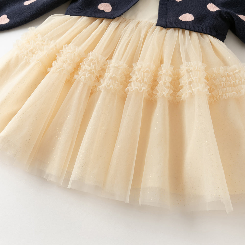 فستان طويل الأكمام للبنات من قماش محبوك باللون الكحلي مع تنورة تول باللون الأصفر بأسلوب أميرة