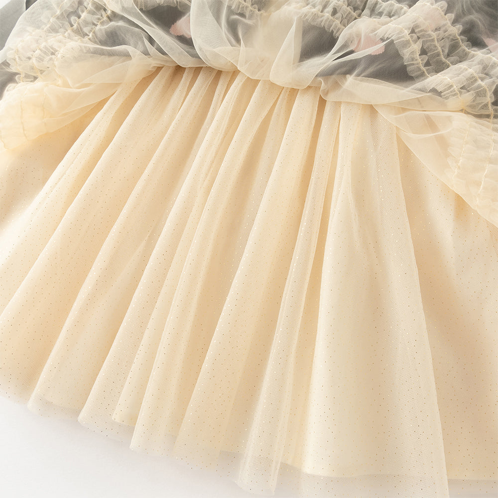 فستان طويل الأكمام للبنات من قماش محبوك باللون الكحلي مع تنورة تول باللون الأصفر بأسلوب أميرة