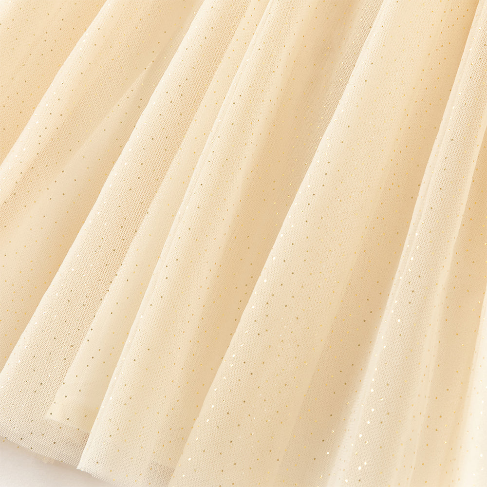 فستان طويل الأكمام للبنات من قماش محبوك باللون الكحلي مع تنورة تول باللون الأصفر بأسلوب أميرة