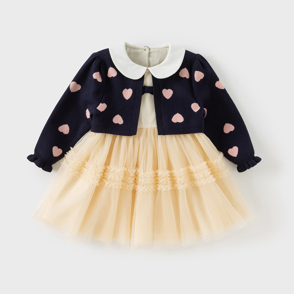 فستان طويل الأكمام للبنات من قماش محبوك باللون الكحلي مع تنورة تول باللون الأصفر بأسلوب أميرة