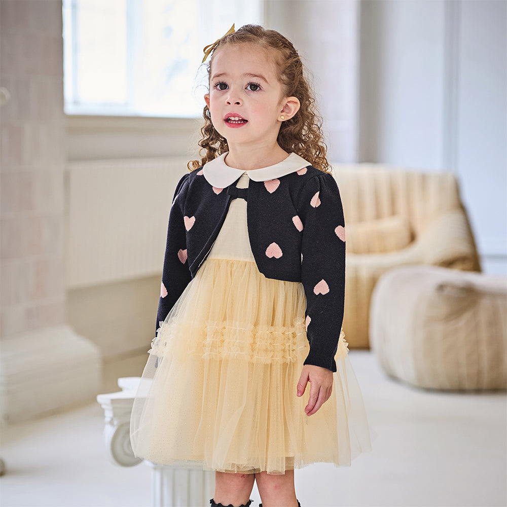 فستان طويل الأكمام للبنات من قماش محبوك باللون الكحلي مع تنورة تول باللون الأصفر بأسلوب أميرة