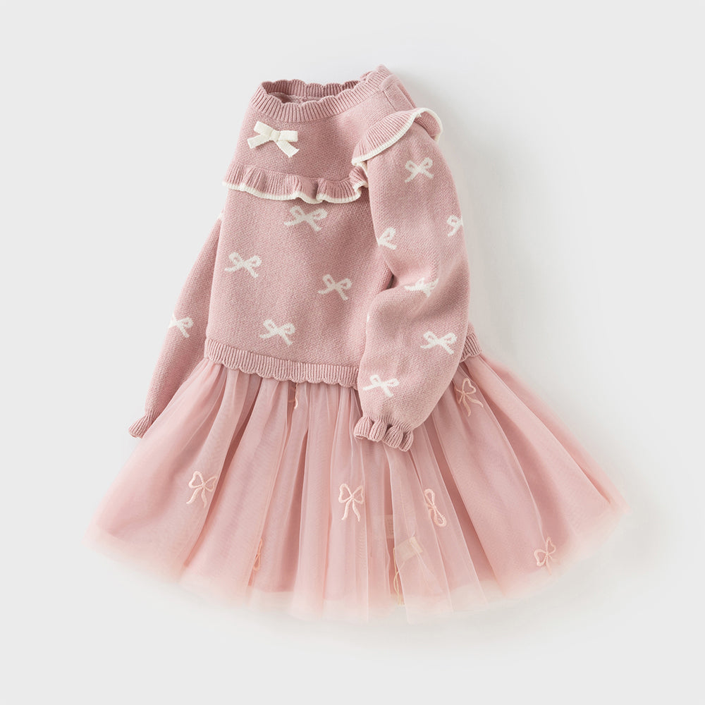 فستان بنات طويل الأكمام من قماش محبوك باللون الوردي مع تنورة تول بأسلوب أميرة