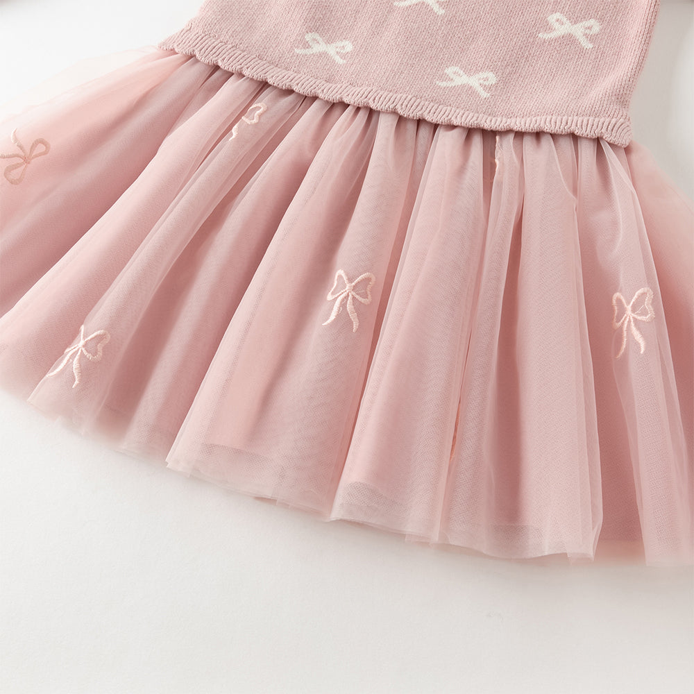 فستان بنات طويل الأكمام من قماش محبوك باللون الوردي مع تنورة تول بأسلوب أميرة