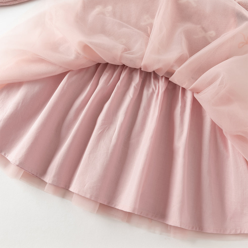 فستان بنات طويل الأكمام من قماش محبوك باللون الوردي مع تنورة تول بأسلوب أميرة