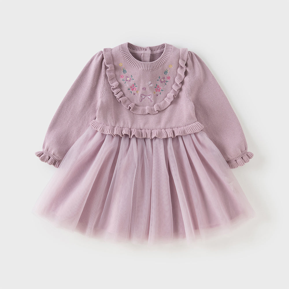 فستان للبنات الصغيرات بأكمام طويلة من التول البنفسجي مع عناصر محبوكة وتطريز زهور