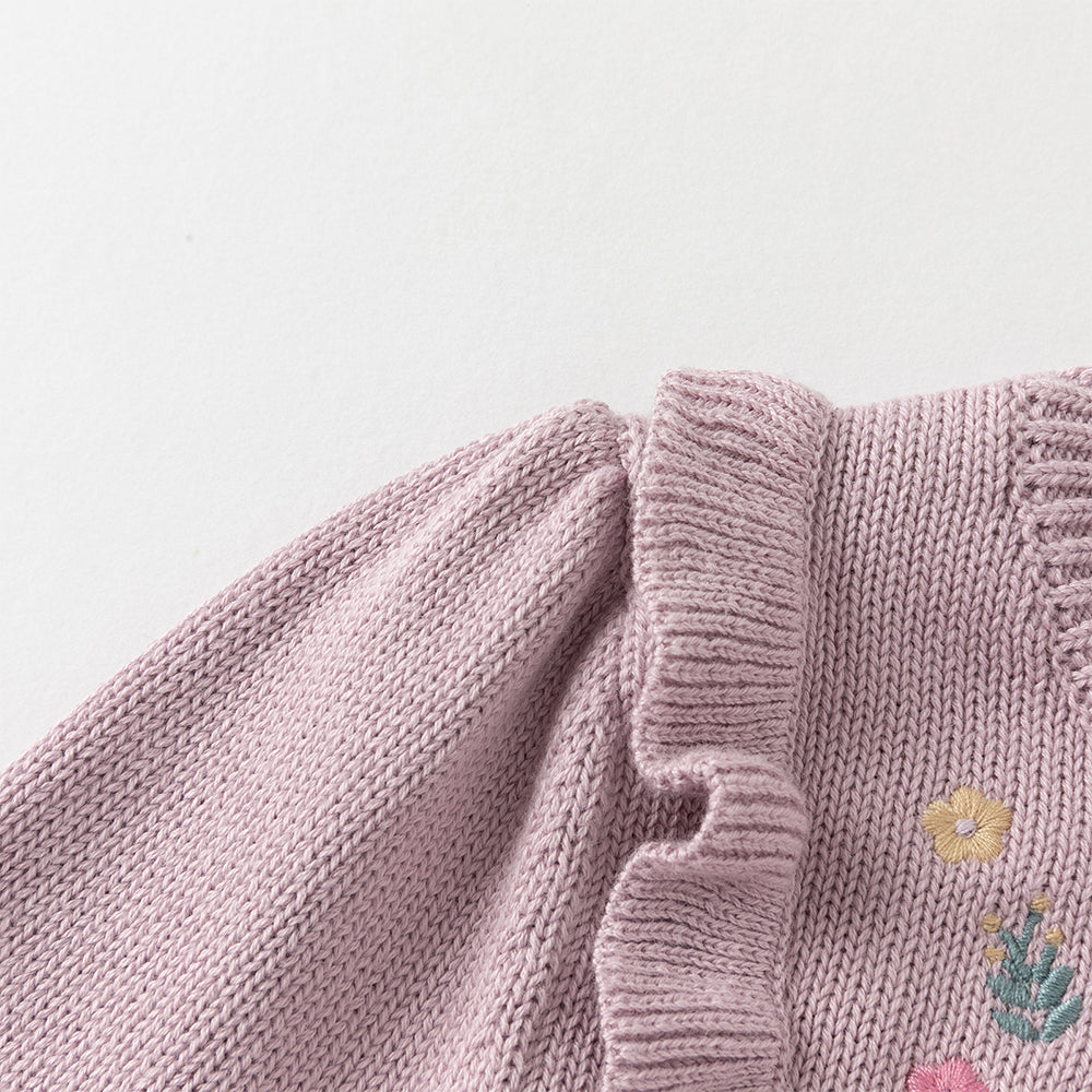 فستان للبنات الصغيرات بأكمام طويلة من التول البنفسجي مع عناصر محبوكة وتطريز زهور