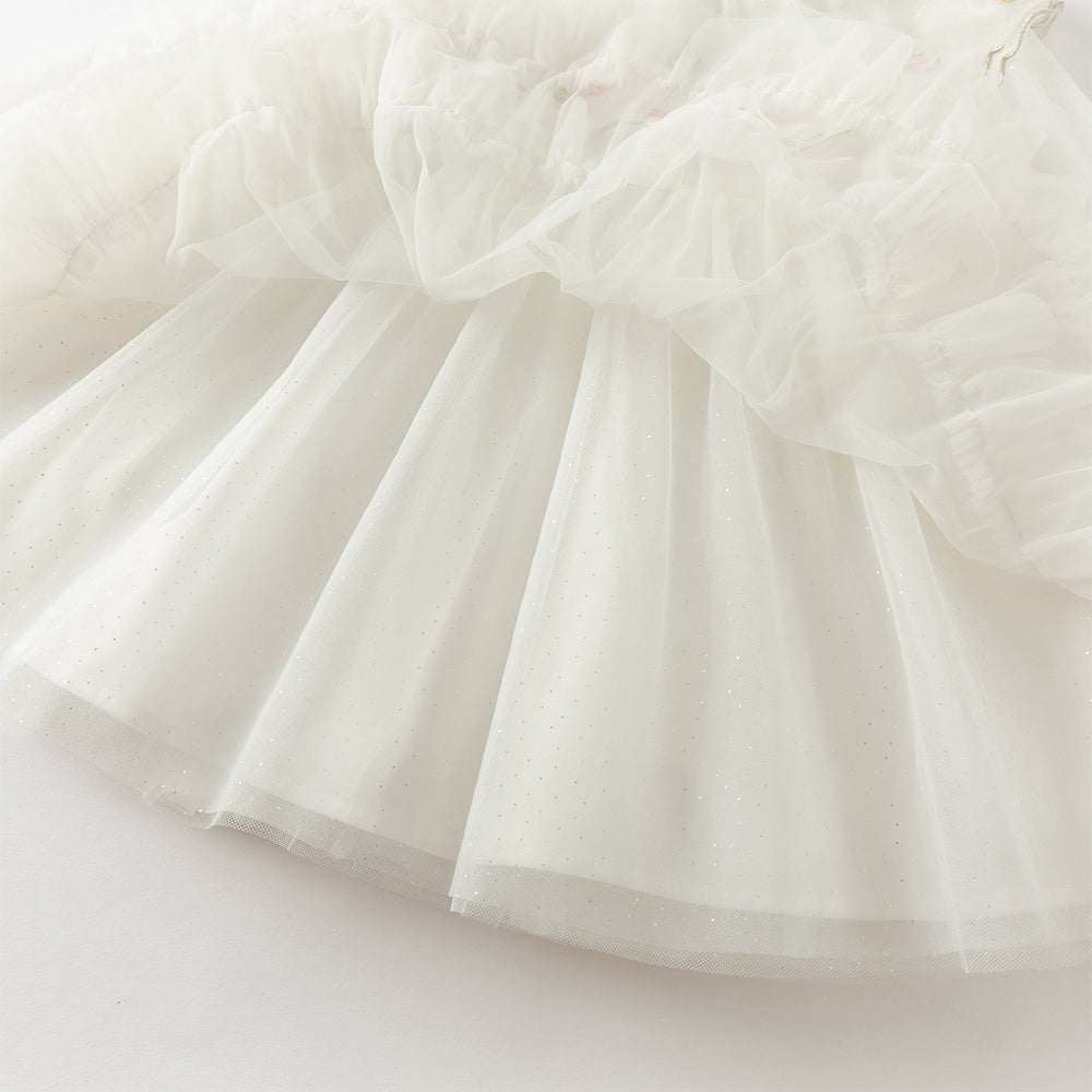 فستان شبكي للبنات بأكمام طويلة باللون الأبيض بتصميم صيني