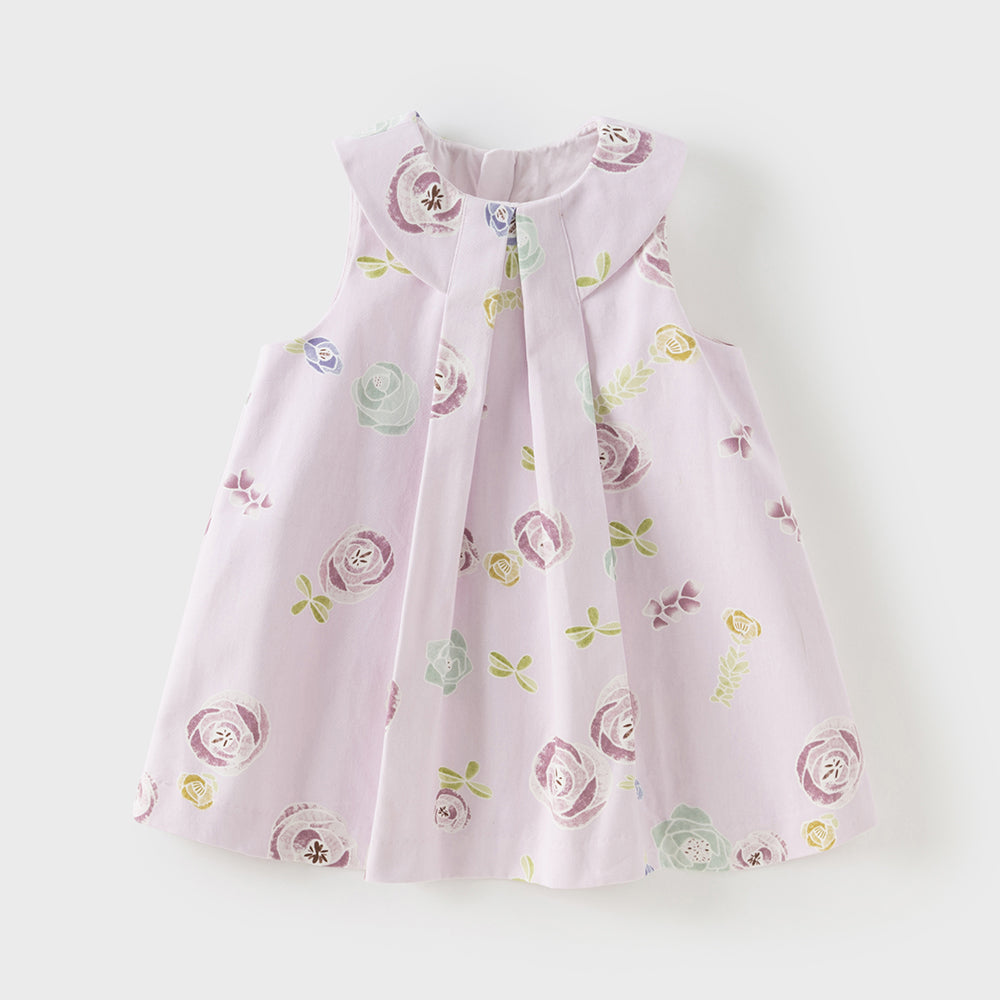 فستان بنات صيفي بدون أكمام باللون الوردي بطبعة الورود