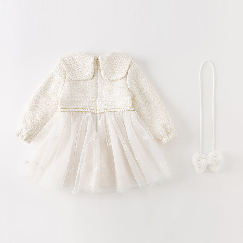 فستان بنات طويل الأكمام باللون الأبيض الحليبي من قماش تويد كلاسيكي محبوك مع تنورة تول بأسلوب أميرة