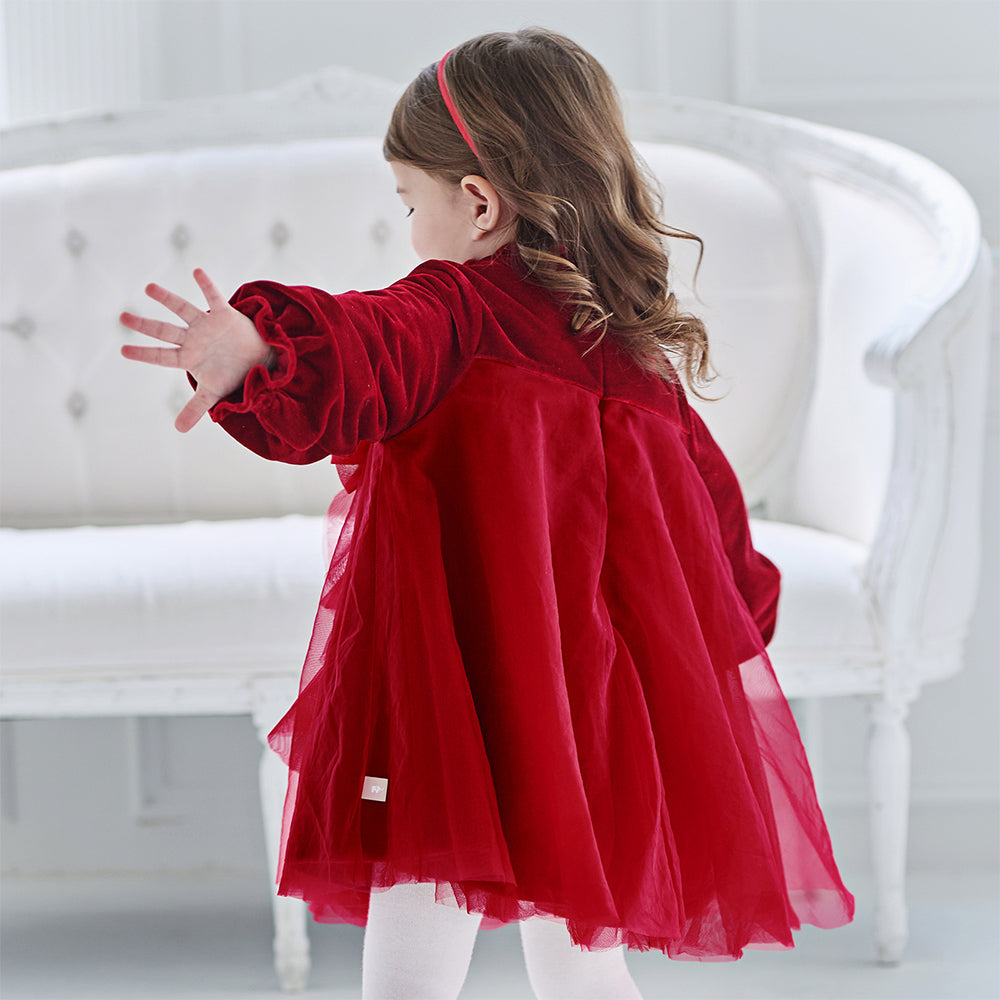 فستان أميرة بناتي مخملي أحمر مع تنورة تول بأكمام طويلة – تصميم شتوي مزين بالورود المكشكشة