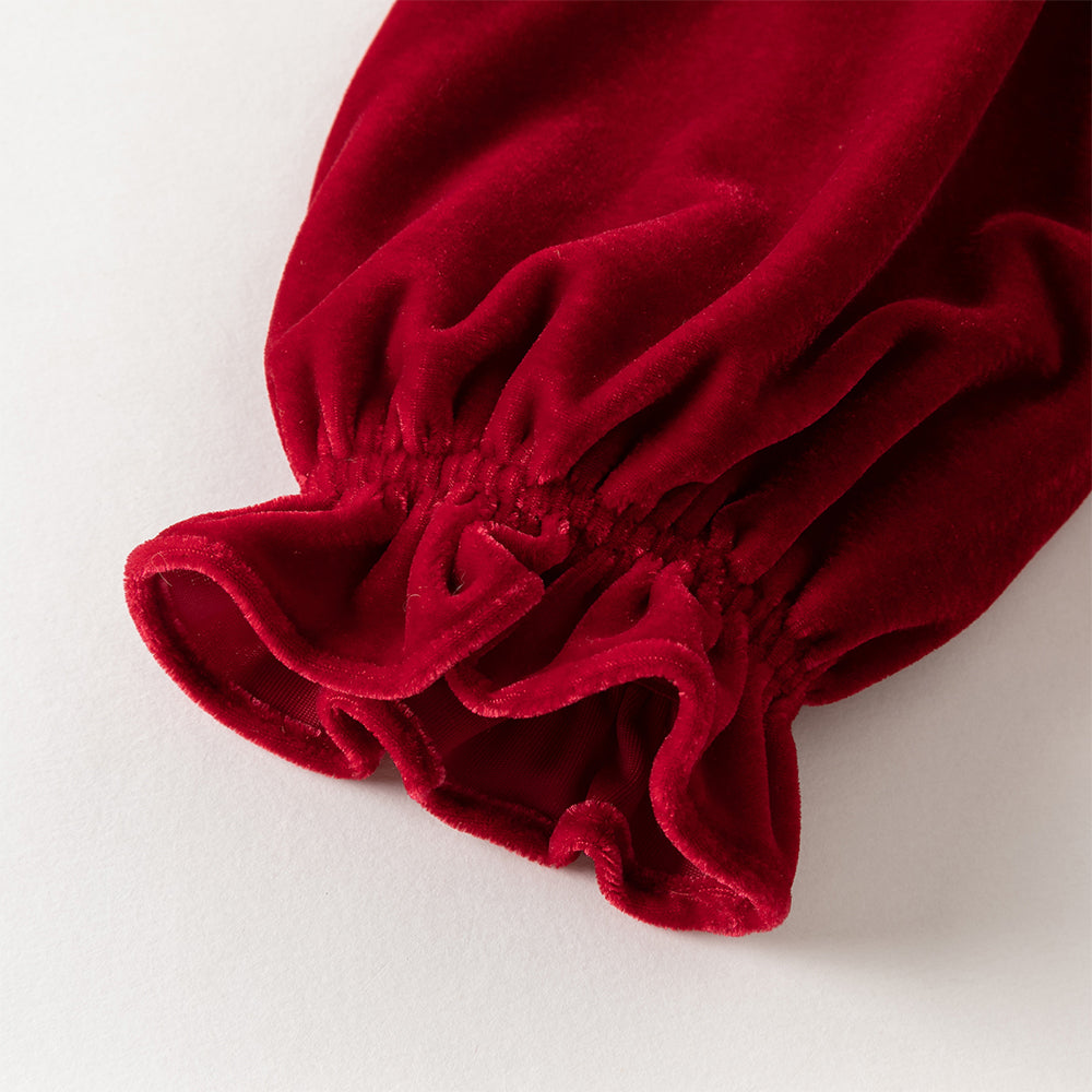 فستان أميرة بناتي مخملي أحمر مع تنورة تول بأكمام طويلة – تصميم شتوي مزين بالورود المكشكشة