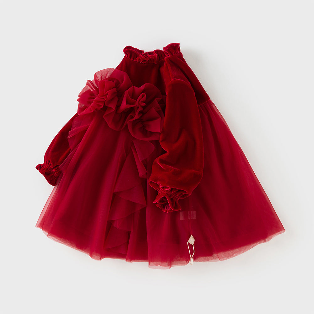 فستان أميرة بناتي مخملي أحمر مع تنورة تول بأكمام طويلة – تصميم شتوي مزين بالورود المكشكشة
