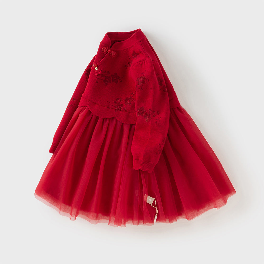 فستان تشيباو شتوي للأطفال الصغار بتصميم صيني، باللون الأحمر الداكن / الوردي الرمادي، مع تنورة تول، قماش محبوك