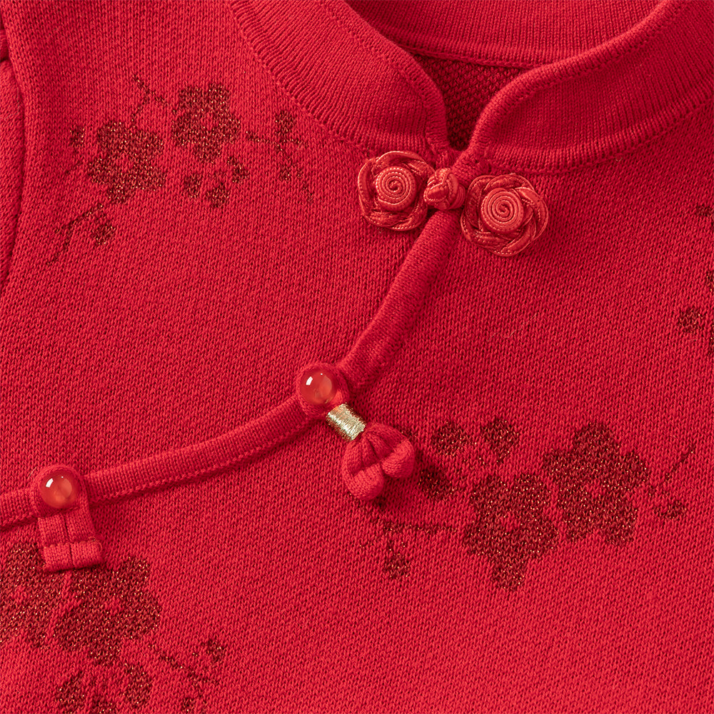 فستان تشيباو شتوي للأطفال الصغار بتصميم صيني، باللون الأحمر الداكن / الوردي الرمادي، مع تنورة تول، قماش محبوك