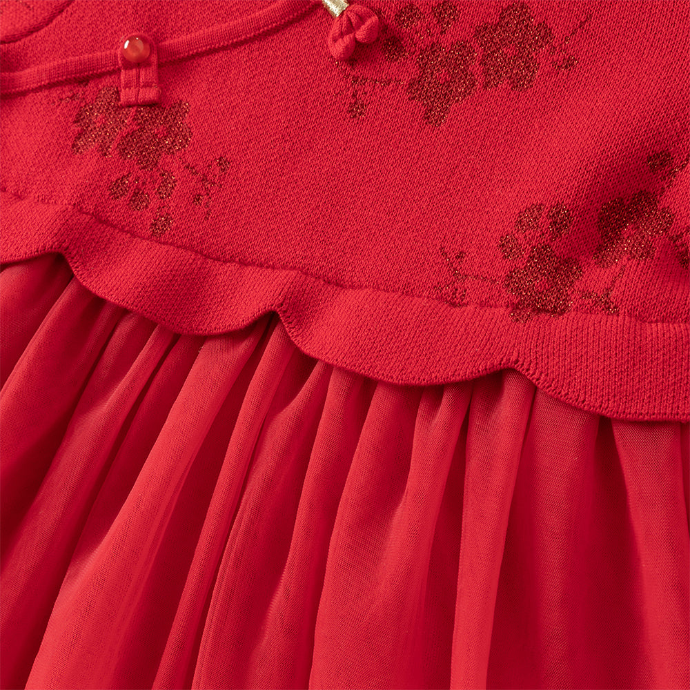 فستان تشيباو شتوي للأطفال الصغار بتصميم صيني، باللون الأحمر الداكن / الوردي الرمادي، مع تنورة تول، قماش محبوك