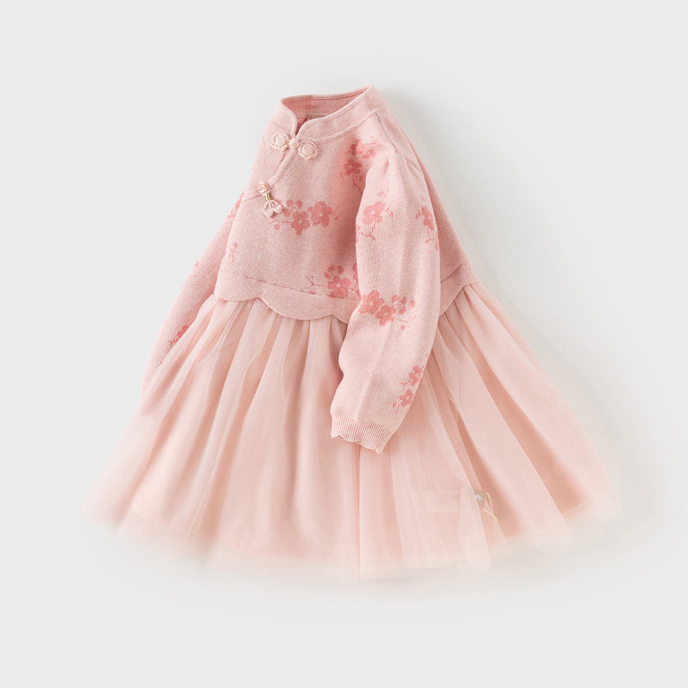 فستان تشيباو شتوي للأطفال الصغار بتصميم صيني، باللون الأحمر الداكن / الوردي الرمادي، مع تنورة تول، قماش محبوك