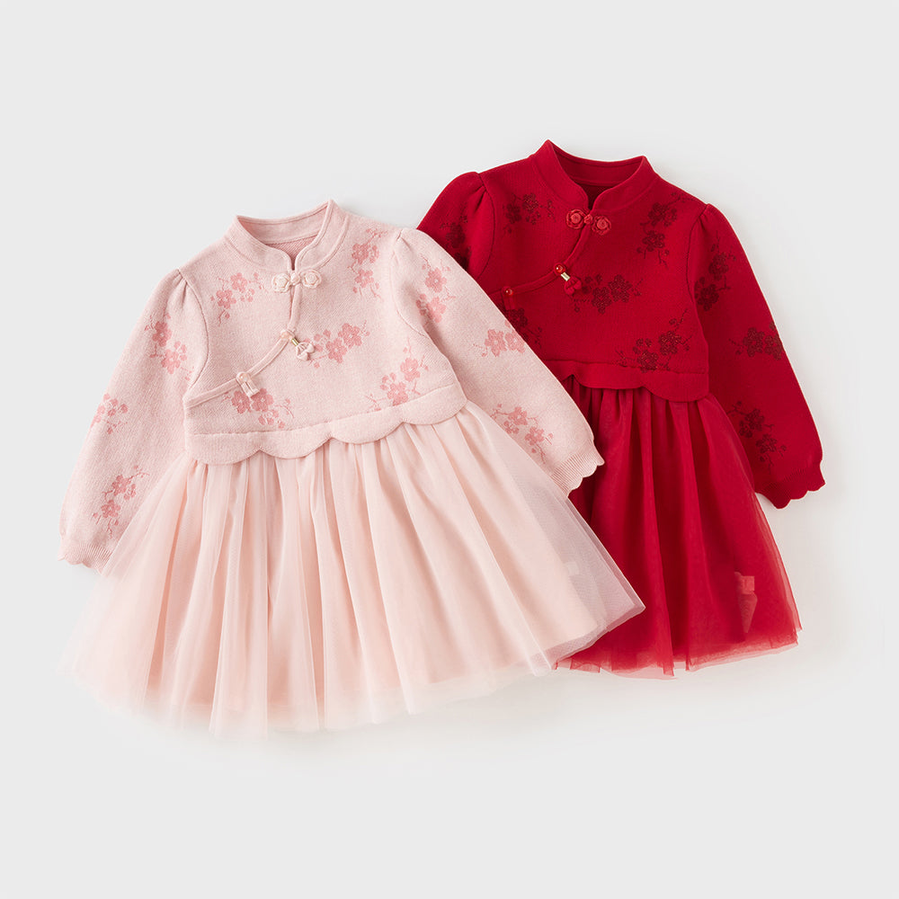 فستان تشيباو شتوي للأطفال الصغار بتصميم صيني، باللون الأحمر الداكن / الوردي الرمادي، مع تنورة تول، قماش محبوك