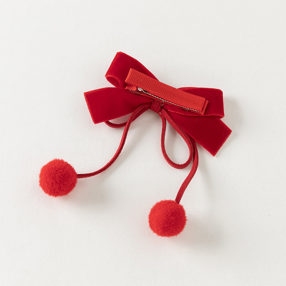 فستان شعر أحمر مع فيونكة وزينة بوم بوم - مشبك شعر احتفالي للبنات