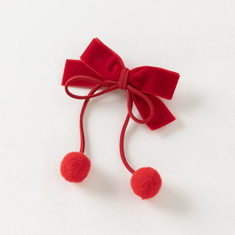 فستان شعر أحمر مع فيونكة وزينة بوم بوم - مشبك شعر احتفالي للبنات