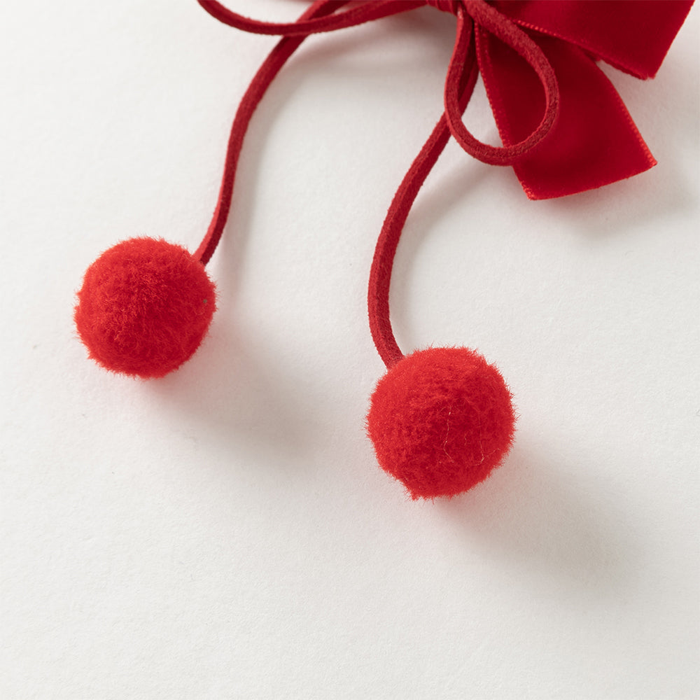 فستان شعر أحمر مع فيونكة وزينة بوم بوم - مشبك شعر احتفالي للبنات