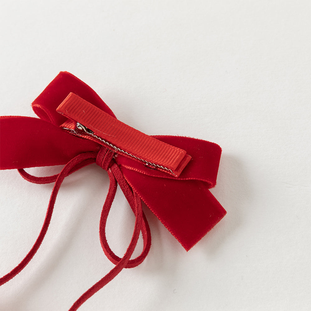 فستان شعر أحمر مع فيونكة وزينة بوم بوم - مشبك شعر احتفالي للبنات