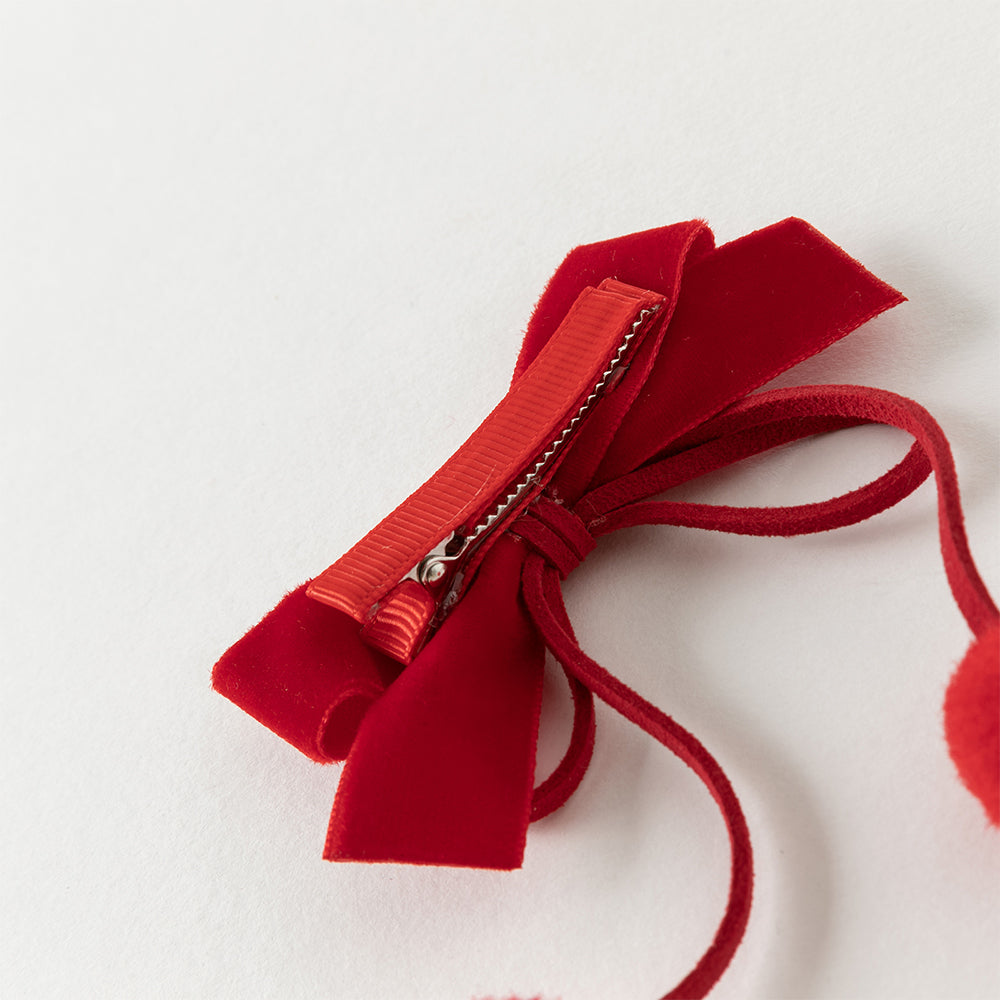 فستان شعر أحمر مع فيونكة وزينة بوم بوم - مشبك شعر احتفالي للبنات