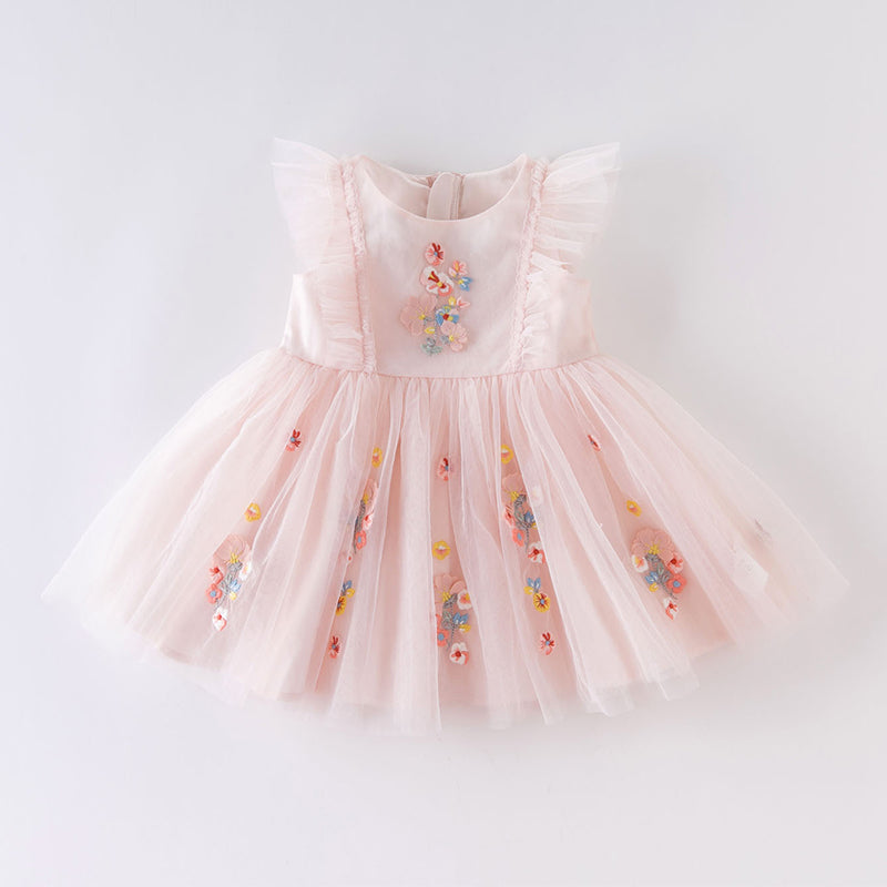 فستان صيفي للبنات الصغيرات من التول الوردي مطرز بالزهور