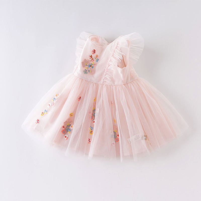 فستان صيفي للبنات الصغيرات من التول الوردي مطرز بالزهور