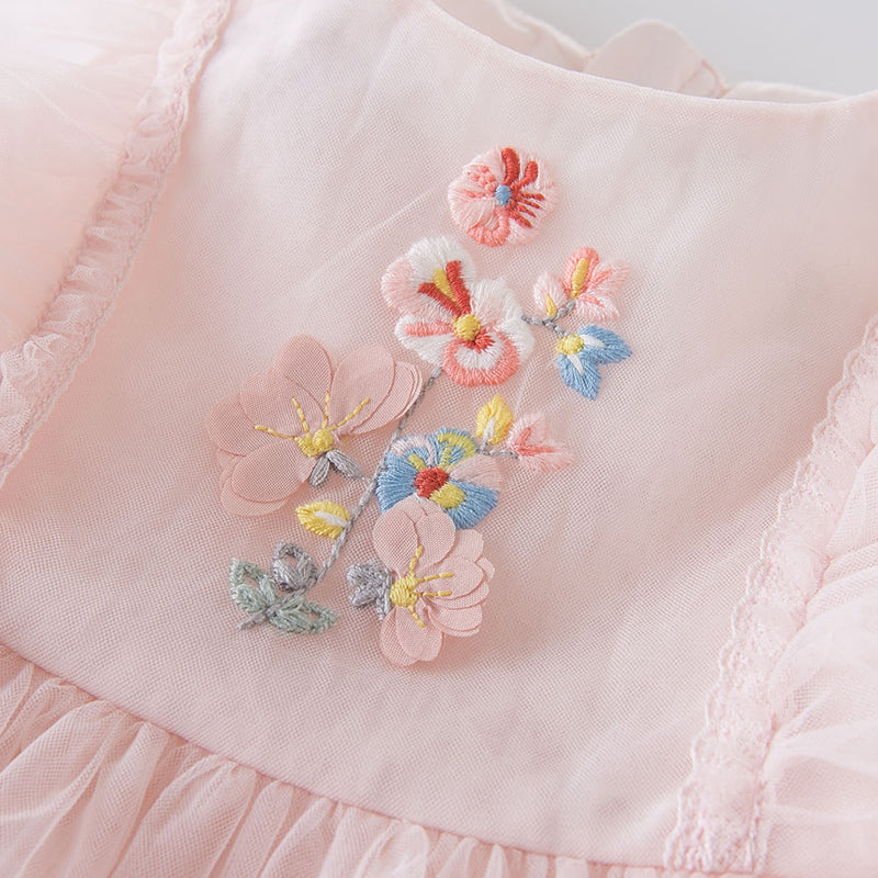 فستان صيفي للبنات الصغيرات من التول الوردي مطرز بالزهور