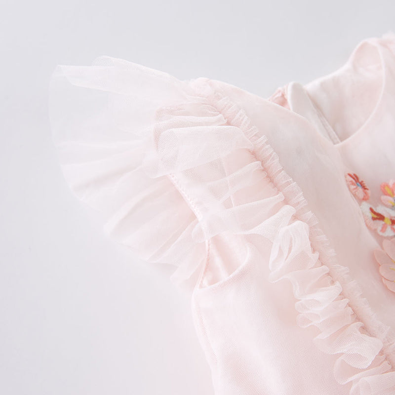 فستان صيفي للبنات الصغيرات من التول الوردي مطرز بالزهور