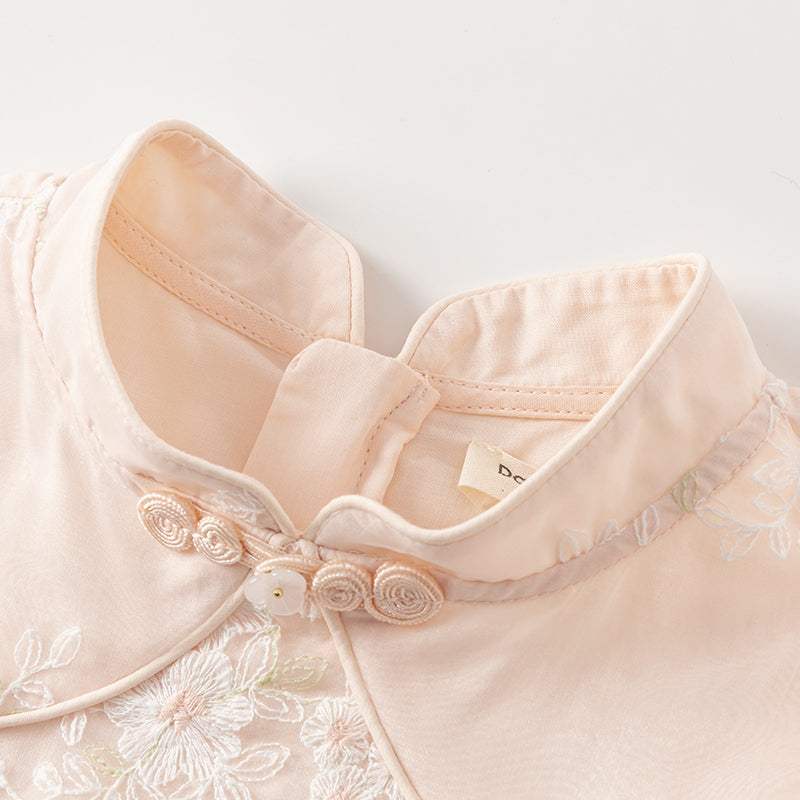 فستان بنات صيفي من التول باللون البرتقالي الوردي بأسلوب صيني عصري