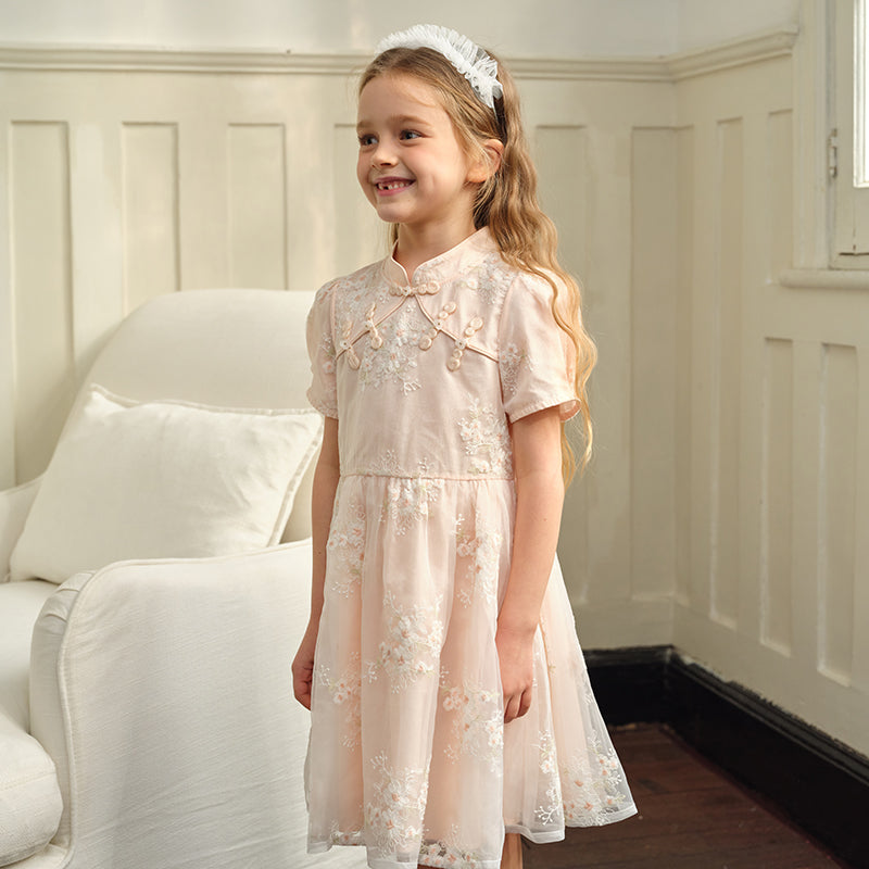 فستان بنات صيفي من التول باللون البرتقالي الوردي بأسلوب صيني عصري