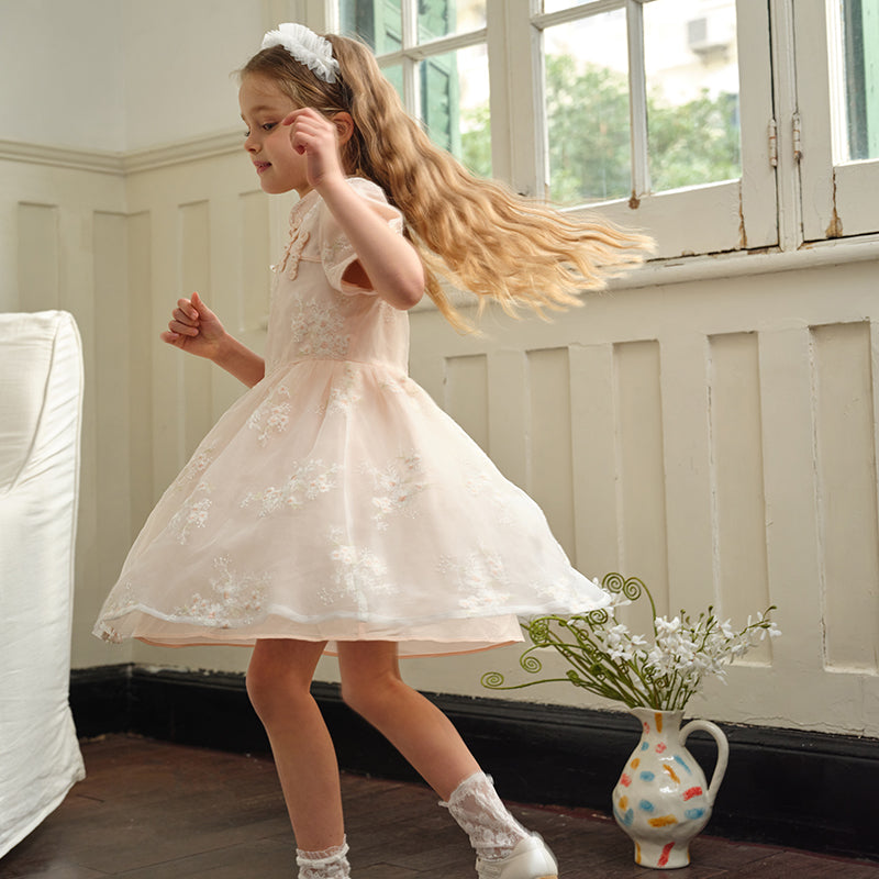 فستان بنات صيفي من التول باللون البرتقالي الوردي بأسلوب صيني عصري