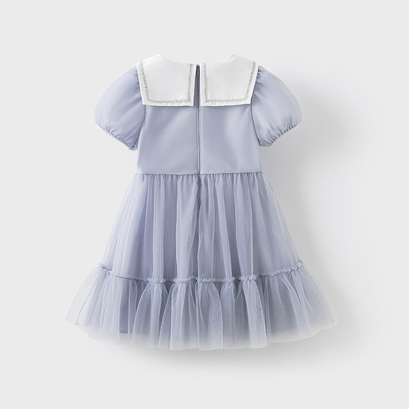 فستان بنات صيفي من التول باللون الأزرق ضوء النجوم مع ياقة بحرية تصميم كاجوال