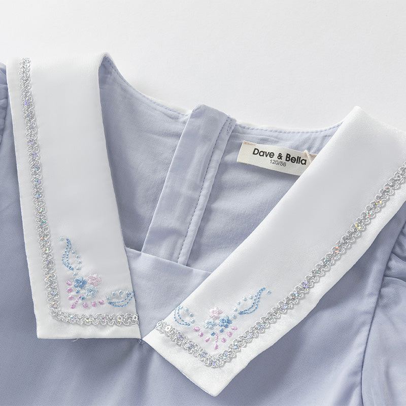 فستان بنات صيفي من التول باللون الأزرق ضوء النجوم مع ياقة بحرية تصميم كاجوال