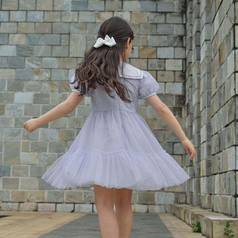 فستان بنات صيفي من التول باللون الأزرق ضوء النجوم مع ياقة بحرية تصميم كاجوال