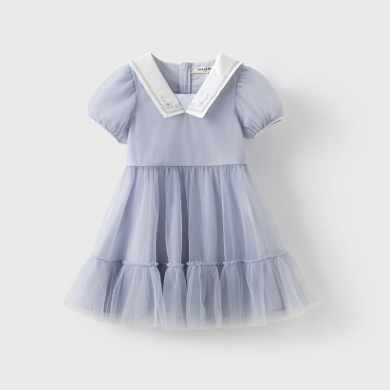 فستان بنات صيفي من التول باللون الأزرق ضوء النجوم مع ياقة بحرية تصميم كاجوال